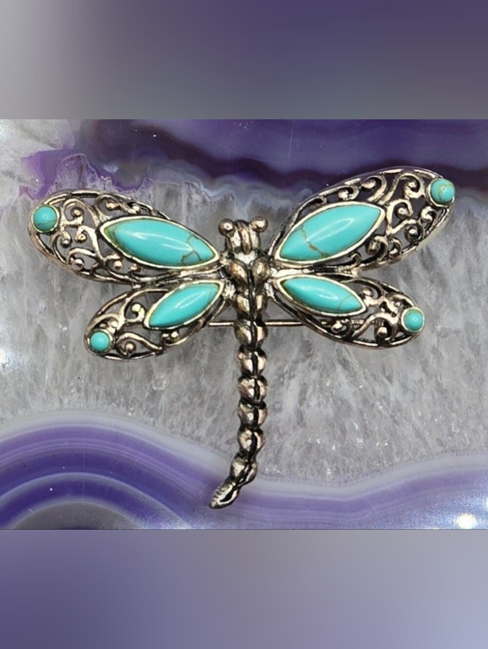 Dragonfly Brooch Silver Tone Glass (Faux Stone) Cabochons Thailand